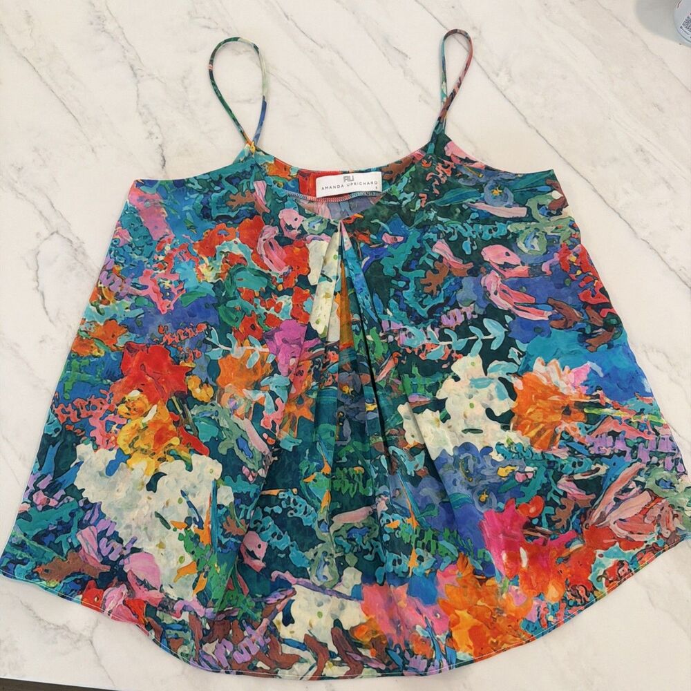 Amanda Uprichard Floral Watercolor Silk Cami S Whimisical, Artisan Fairy Y2K